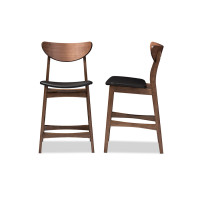 Baxton Studio Latina Barstool-Black PVC Latina Mid-century Retro Black Leather Walnut Wood 24-Inches Counter Stool Set of 2